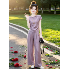 批发新中式国风时尚两件套女2026夏季新款圆领短袖<b class='q'>T</b><b class='q'>恤</b>显瘦阔腿裤套装