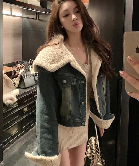 치우 고기 야오 폴로 칼라 양털 털이 있는 데님 여성 코트 겨울 두꺼운 짧은 외투