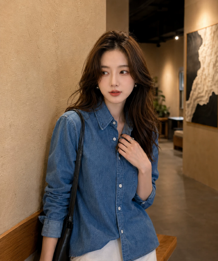 프랑스식 레트로 파란색 데님 여성 셔츠 2026 가을 새로운 외부 가져 가라. 고급 디자인 센스 긴팔 맨위 셔츠