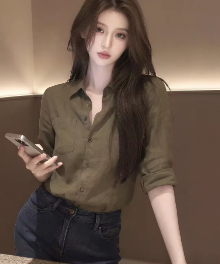 레트로 스타일 디자인 센스 긴팔 여성 셔츠 폴로 칼라 오픈 가디건 품격 맨위 녹색 출퇴근 바람 2026 봄 새로운