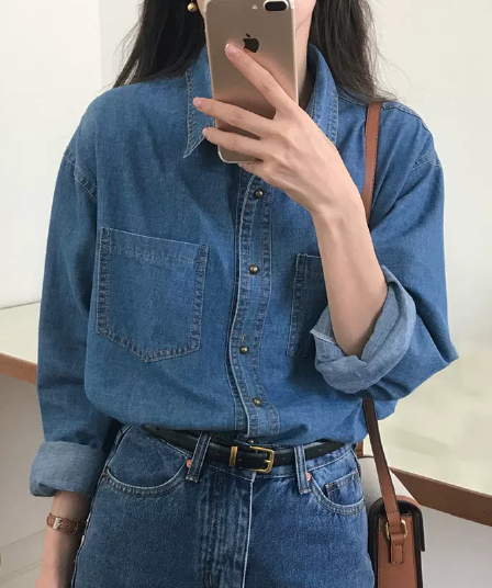 한국 chic 봄 레트로 다용도 폴로 칼라 배색 명시적 스티치 디자인 더블 주머니 루즈핏 긴팔 데님 여성 셔츠