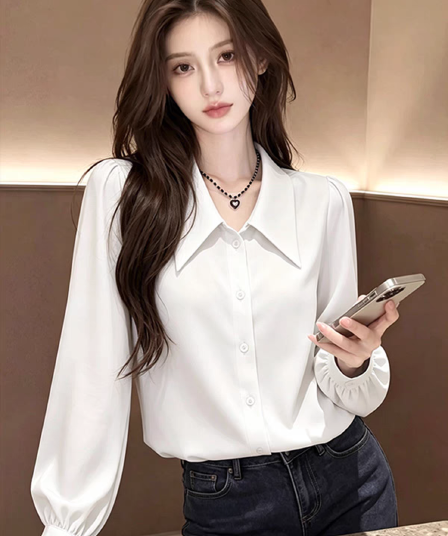 프랑스식 화이트 긴팔 여성 셔츠 봄 가을 작은 키 디자인 센스 폴로 칼라 셔츠 경력 출퇴근 긍정적 인 어깨 의류