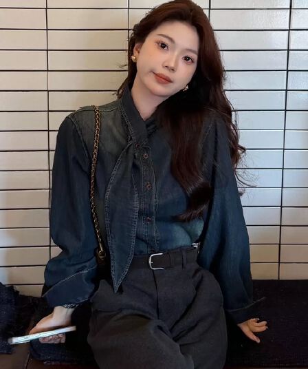 빈 하이 Breeze 레트로 항구 바람 파란색 넥타이 데님 여성 셔츠 두꺼운 스택 착용 루즈핏 긴팔 셔츠 겨울