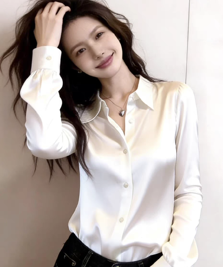 아세트산 화이트 셔츠 여성 긴 소매 봄 2026 새로운 대양 품격 패션 루즈핏 새틴 긍정적 인 어깨 셔츠 맨위