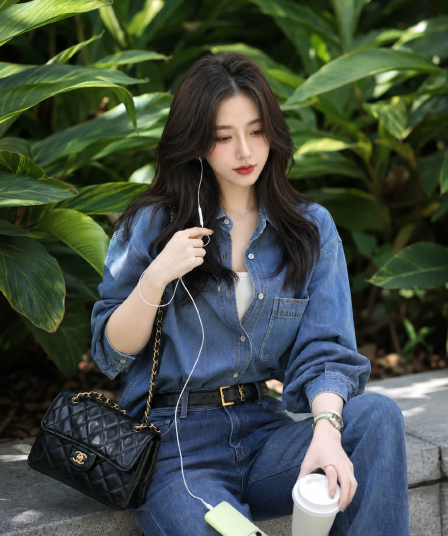 항구 바람 레트로 파란색 데님 여성 셔츠 이른 가을 얇은 스타일 작은 키 폴로 칼라 셔츠 루즈핏 슬림해 보이는 긴팔 맨위