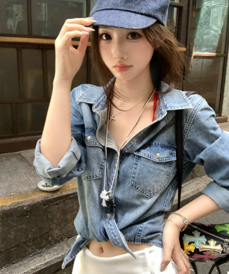수정 에디션 2026 조기 가을철 실크 레트로 데님 맨위 여성 여름 단 닝 프로필 모양 와 성별 데님 셔츠
