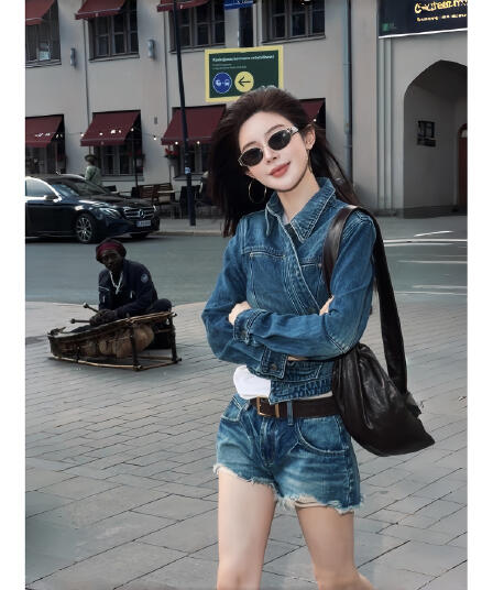 아 더블 asfo 지사 폴로 칼라 막대기 가방 몸매 가꾸기 워싱 데님 쇼트 스타일 여성 코트