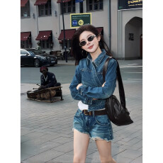 批发啊双ASFO港督翻领贴袋修身水洗<b class='q'>牛仔</b>短款外套女