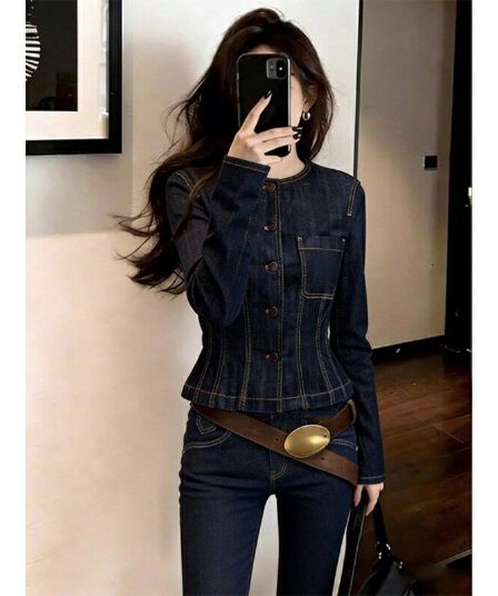 레트로 출퇴근 바람 라운드 넥 품격 슬림해 보이는 데님 여성 셔츠 봄 몸매 가꾸기 싱글 줄 버튼 다용도 품격 짧은 외투