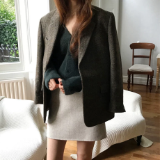 批发网红羊毛呢小西装外套女秋冬韩版宽松人字纹复古格子英伦风西服