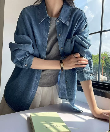 레트로 워싱 데님 파란색 셔츠 재킷 여성 의류 2026 가을 새로운 미니멀리즘 루즈핏 다용도 폴로 칼라 맨위