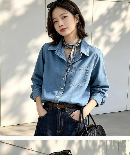 가을 하늘색 부드러운 데님 여성 셔츠 레트로 항구 바람 긍정적 인 어깨 디자인 센스 셔츠 출퇴근 스택 착용 긴팔 맨위