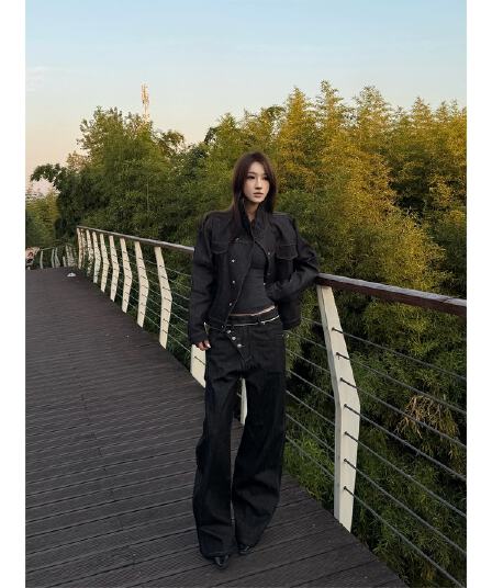 한국 cleanfit 비스듬한 襟 스탠드 칼라 자르기 클래식 짧은 와이드 원본 암소 딱딱한 루즈핏 데님 재킷 재킷 남녀