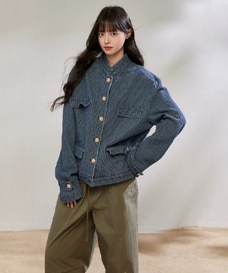 가을 새로운 진한 파란색 레트로 스탠드 칼라 데님 작은 샤넬 스타일 재킷 여성 레저 재킷 여성