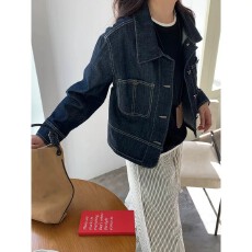 批发撞色明线外缝 韩系短款复古双口袋设计感翻领牛仔外套