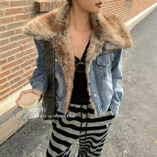批发NINA LIFE2026冬季新款毛领拼接宽松显瘦休闲夹棉保暖牛仔外套女