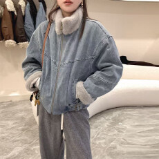 批发欧货加绒加厚牛仔外套女冬季短款2026新款宽松休闲水貂毛拼接棉服