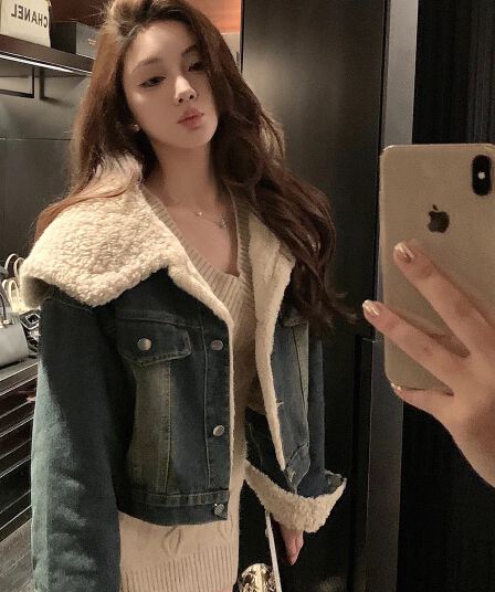 치우 고기 야오 폴로 칼라 양털 털이 있는 데님 여성 코트 겨울 두꺼운 짧은 외투