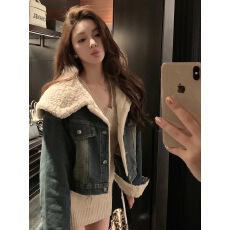 批发邱肉瑶 翻领羊羔毛加绒牛仔外套女冬季加厚短外套