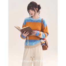 批发多巴胺彩虹<b class='q'>条纹</b>毛衣女秋冬新款宽松圆领软糯套头针织衫上衣