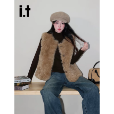 批发复古咖色毛毛外套女韩系宽松加厚马甲保暖无袖上衣