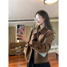批发麂皮绒短外套春秋女短款宽松上衣甜酷美式复古小个子棕色薄款夹克