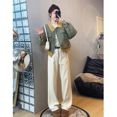 批发美式复古撞色翻领假两件短款<b class='q'>牛仔</b>外套女冬季加绒加厚宽松夹克上衣