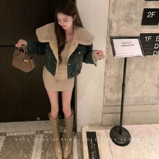 批发秋冬新款大翻领羊羔毛拼接短加绒<b class='q'>牛仔</b>外套女加厚气质外衣