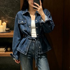 批发秋季新款<b class='q'>韩版</b>复古做旧绑带收腰长袖牛仔<b class='q'>衬衫</b>大码女装时尚通勤上衣