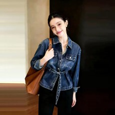 批发韩国东大门2026春季新款<b class='q'>韩版</b>复古绑带收腰长袖牛仔<b class='q'>衬衫</b>外套上衣女