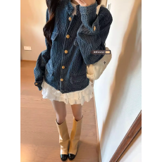 批发复古蓝色调肌理感牛仔小香风外套女春秋款宽松设计感小众立领夹克