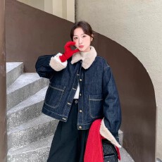 批发深蓝羊羔毛领牛仔羽绒服女2026<b class='q'>秋</b>冬新款学院风洋气减龄厚保暖外套