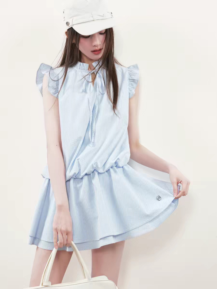 rpb brand 캐주얼 바람 하늘색 스트라이프 한 마디 여성 드레스 거품 소매 스탠드 칼라 Pleat 측면 달콤함 미니 스커트