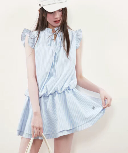rpb brand 캐주얼 바람 하늘색 스트라이프 한 마디 여성 드레스 거품 소매 스탠드 칼라 Pleat 측면 달콤함 미니 스커트