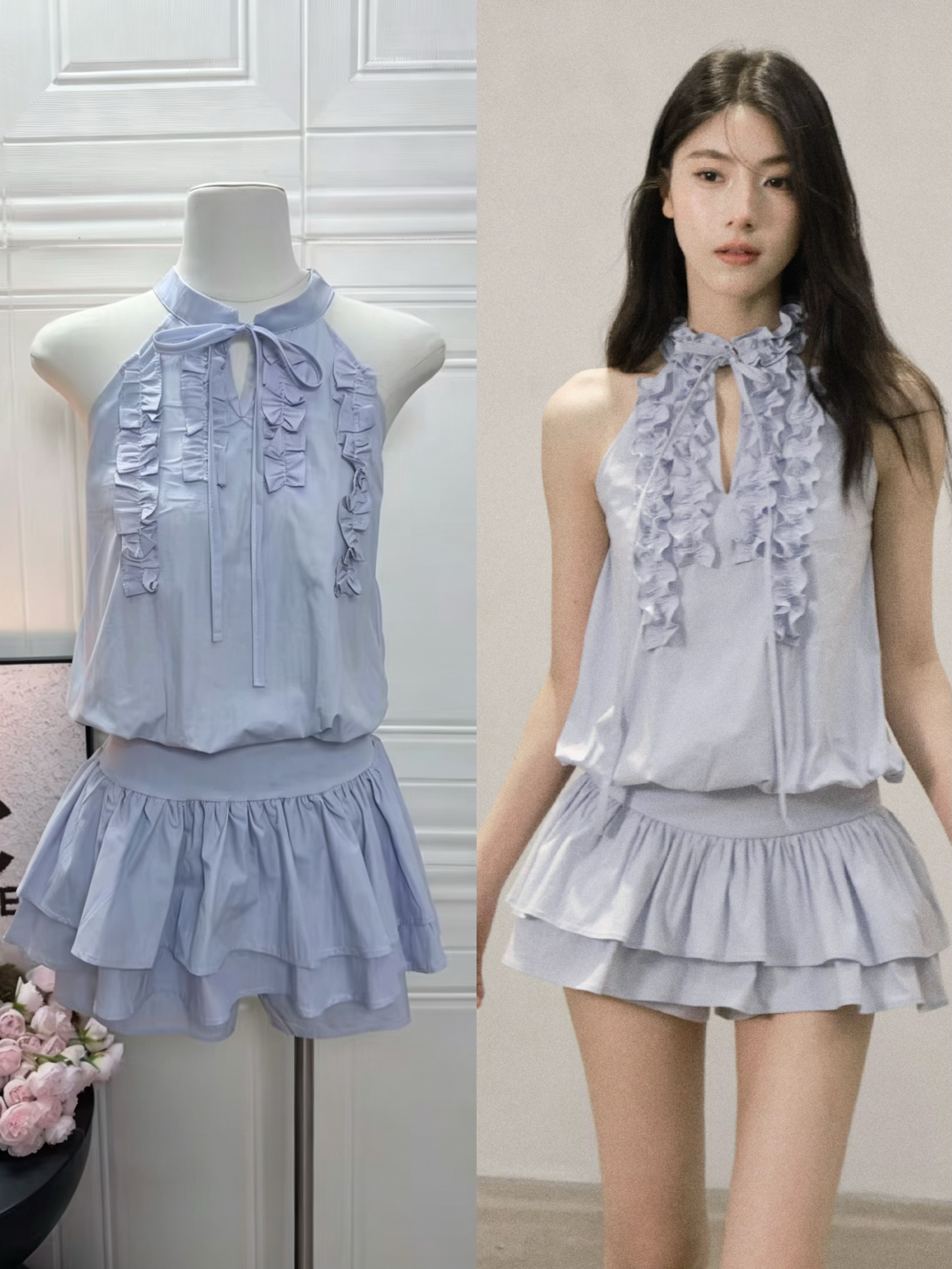 mist filled 오리지널 주름 프릴 행침 목 민소매 조끼 점프 슈트 미니 스커트 여성 여름