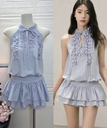 mist filled 오리지널 주름 프릴 행침 목 민소매 조끼 점프 슈트 미니 스커트 여성 여름