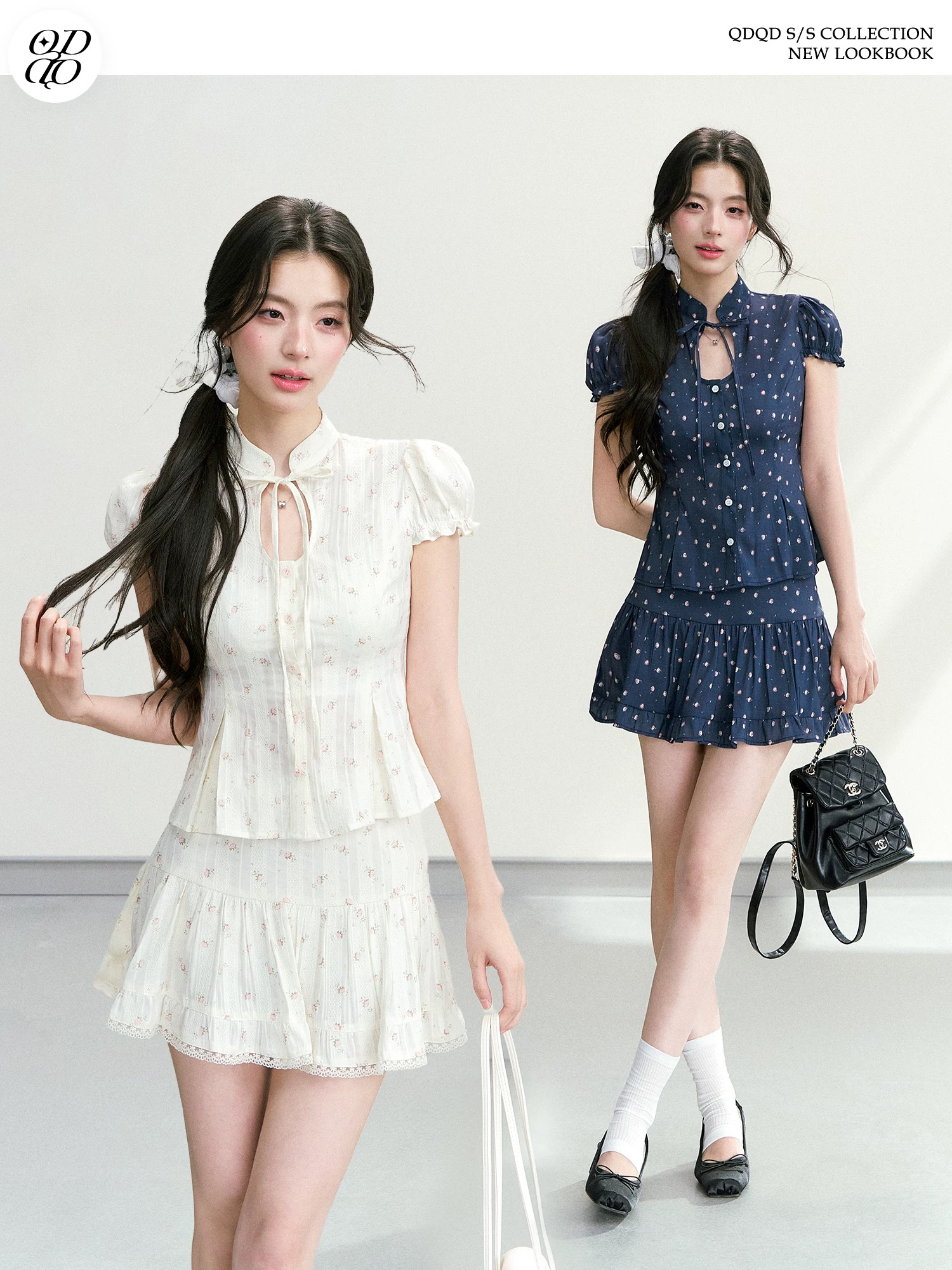 qdqd 새로운 중식 달콤함 홀로우 아웃 스탠드 칼라 거품 소매 꽃무늬 반팔 맨위 허리 수축 슬림해 보이는 미니 스커트 세트 여름