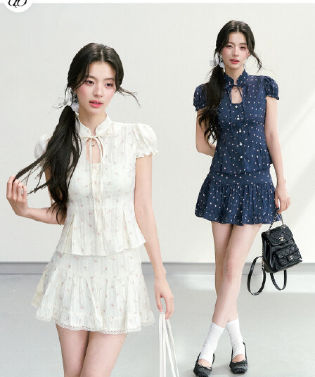 qdqd 새로운 중식 달콤함 홀로우 아웃 스탠드 칼라 거품 소매 꽃무늬 반팔 맨위 허리 수축 슬림해 보이는 미니 스커트 세트 여름