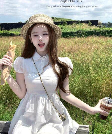 늦게 우산 우산 26 ss 빛 프로필 자르기 피터 팬 자수 폴로 칼라 민소매 반팔 드레스