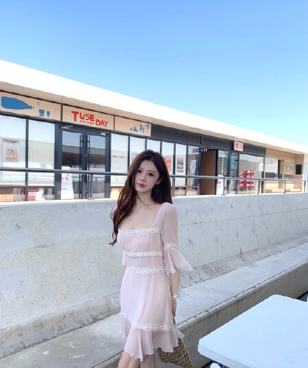 주 제 1 eeone5.30 10 00am lace 얕은 소매 있음 소매 나팔 허리 수축 광장 칼라 슬림해 보이는 드레스