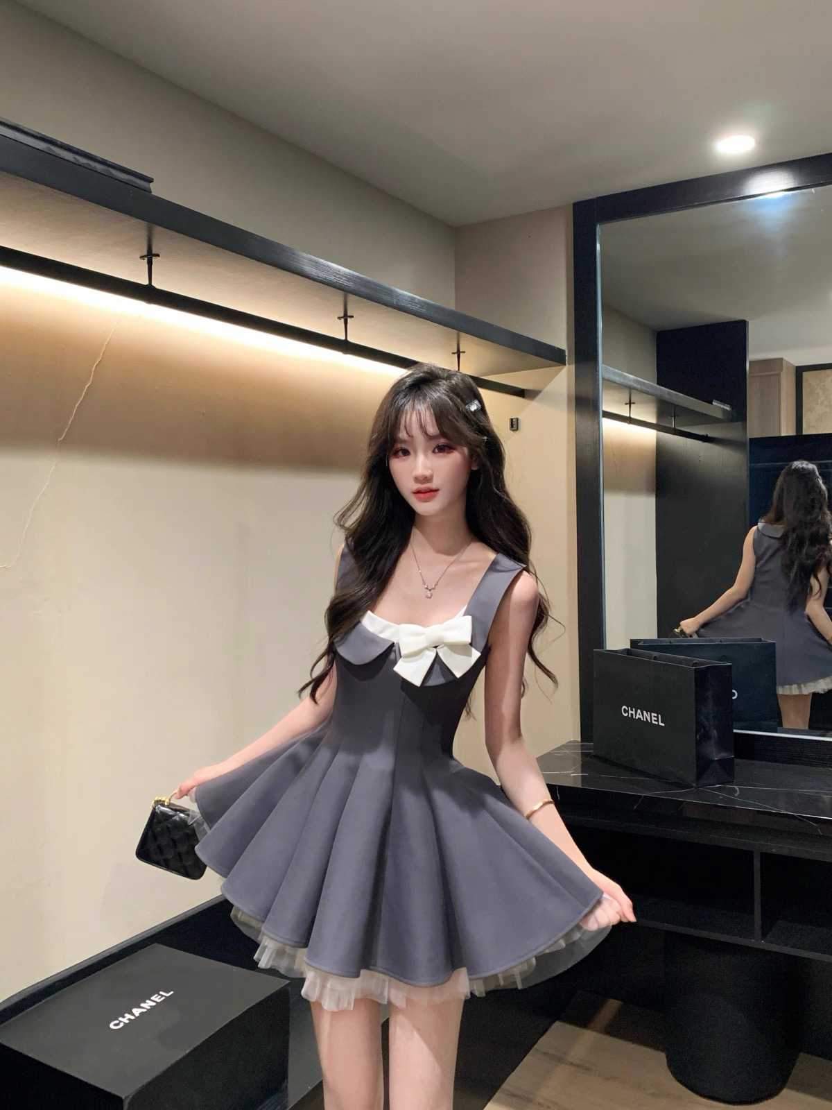 기타 한 작은 물고기 musefish 한 여성 로이터 프랑스식 천 금빛 바람 드레스 허리 수축 품격 퍼프 스커트 여성 여름