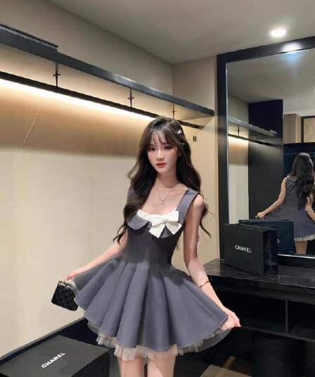 기타 한 작은 물고기 musefish 한 여성 로이터 프랑스식 천 금빛 바람 드레스 허리 수축 품격 퍼프 스커트 여성 여름