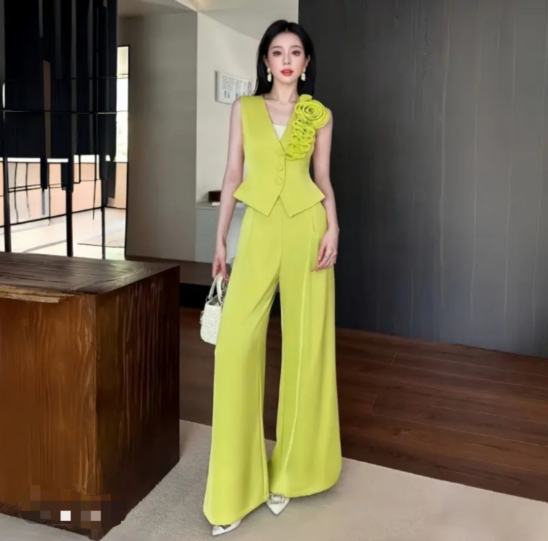 FA32454# 欧货女装-新款无袖西装马甲套装立体花轻奢洋气高腰阔腿裤 服裝批發女裝批發服飾貨源