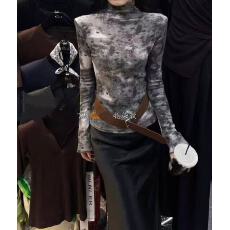 批发2025秋季新款半高领休闲豹纹长袖T恤女洋气减龄打底衫上衣配腰带