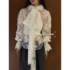 批发时尚新款蕾丝抽褶<b class='q'>衬衫</b>2025秋新款高领蝴蝶结泡泡袖宽松<b class='q'>雪纺</b><b class='q'>衫</b>T恤