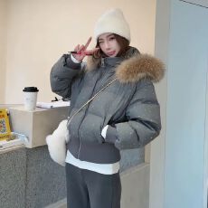 批发韩系大毛领连帽棉服女短款2025冬季高级感亮片收腰显瘦保暖外套