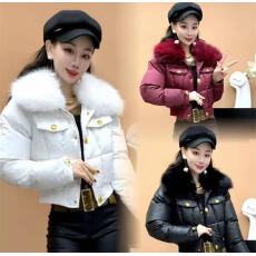 批发欧洲站2025冬季大毛领可脱卸洋气收身短款棉衣保暖棉服<b class='q'>外套</b>