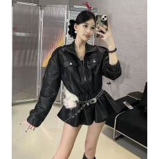 批发<b class='q'>冬</b>季新品皮衣带裙子酷飒螺纹松紧腰荷叶边下摆设计感（不配腰带）