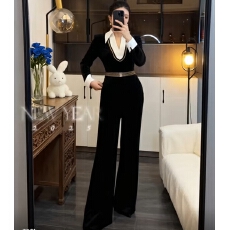 批发春季新款休闲通勤风黑色假两件拼接长袖衬衣上衣+黑色阔腿裤套装