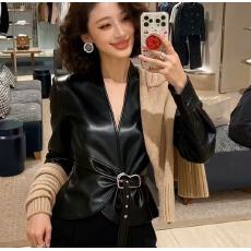 批发高级感黑色PU皮衣女秋<b class='q'>冬</b>季巨好看的短款V领长袖收腰显瘦系带外套